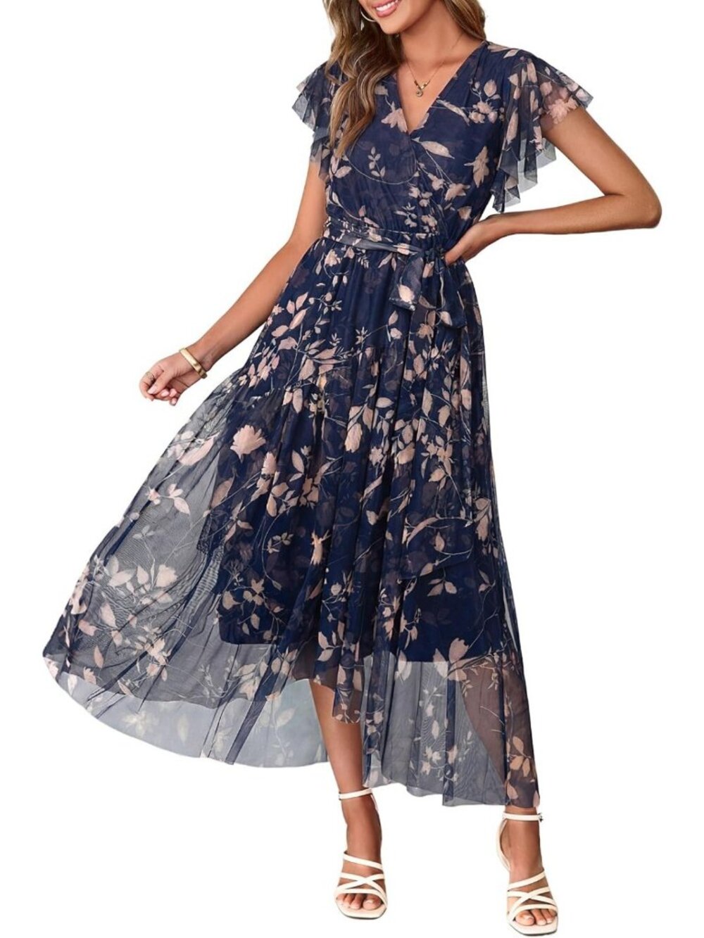 Floral Maxi Dress for Women - Summer Short Sleeve V-Neck, Belted, Flowy Beach
